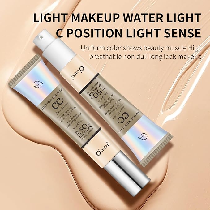 O'CHEAL CC Foundation with SPF 50+, Full Coverage Moisturizer Color Correcting Cream Concealer Powder Foundation, Lightweight Waterproof Oil-Free Pre-makeup Primer for All Skin Types (Nature)