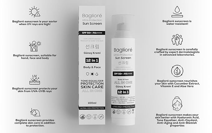 Bagliore Ultra-Protection Sunscreen, SPF 50+, Moisturizer with Zinc Oxide & Hyaluronic Acid, PA+++++, 12 in 1, Body & Face, 3.38 fl oz