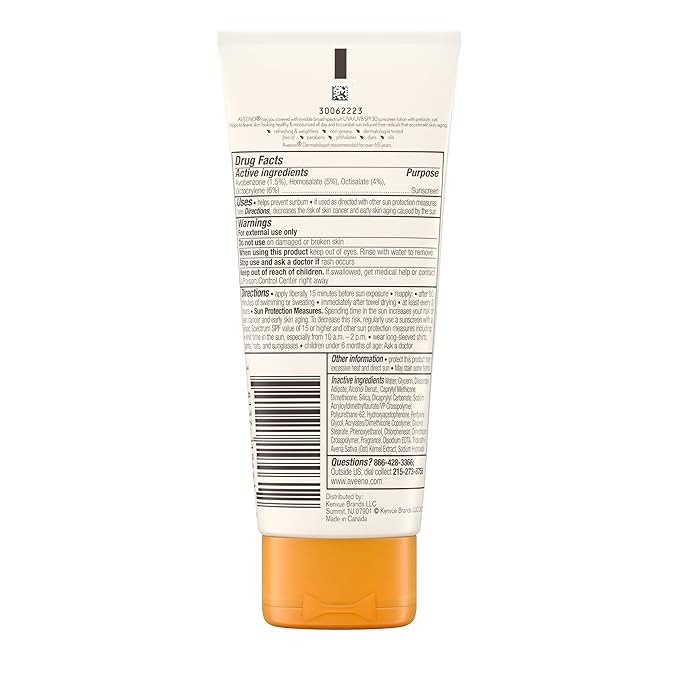 Aveeno Protect + Hydrate Moisturizing Sunscreen Lotion with Broad Spectrum SPF 30 & Prebiotic Oat, Weightless Sweat & Water-Resistant Full Body Sunscreen, Oxybenzone-Free, 3.0 fl. oz
