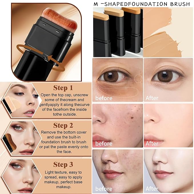 Foundation Stick,2 in 1 Dual-Ended Long-Lasting & Waterproof Concealer Korean Foundation Contour Sticks,Contouring Foundation with Brush,Full Coverage Matte Finish for Face Makeup(02NATURAL)