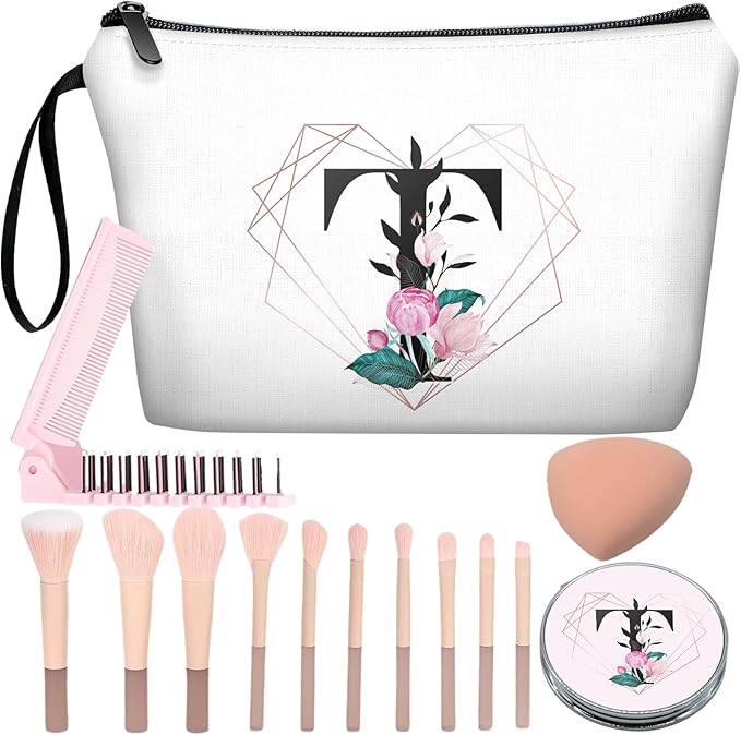 Personalized Initial T floral Makeup Bag set with Mirror for Women,White Ietter T Bride Bridesmaid travel Cosmetic bag kit with10 pieces pink brush set,Initial T Gifts for Girls Mom femal Friends