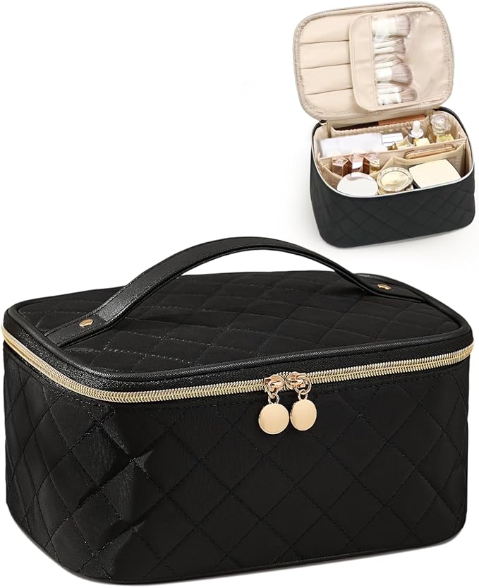 Prite Makeup Bag, Large Capacity Portable Travel Cosmetic Bag, Waterproof Makeup Organizer for Women with Handle and Divider (003 Black Rhombus)