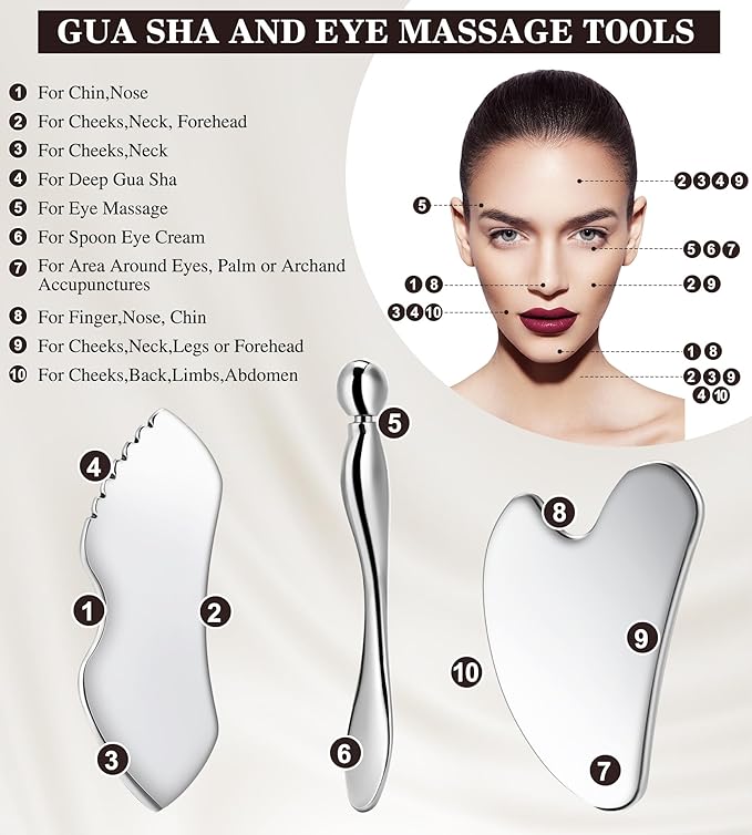 Gua Sha Facial Tools, 3 in 1 Stainless Steel Metal Guasha & Eye Cream Applicator Facial Sculpting Tool Set Eye Massager Lymphatic Drainage for Face Neck (Gift Box Set)(Boxed 2, Count, 3)