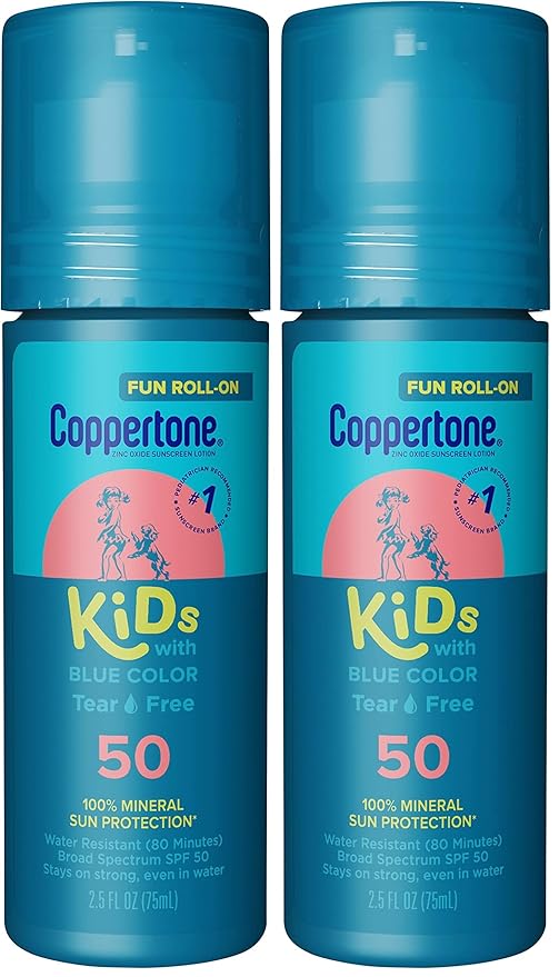 Coppertone Kids Roll On Sunscreen Lotion SPF 50,Tear Free Kids Sunscreen with Blue Color and Zinc Oxide Sun Protection,2.5 Fl Oz Tube,(Pack of 2)