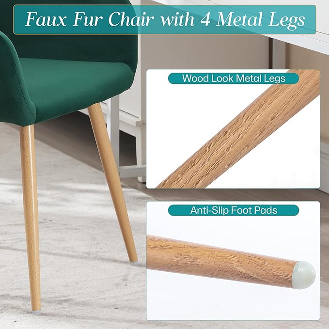 Home Office Velvet Desk Chair, Makeup Vanity Chair, Comfy Accent Armchair with Wood Grain Metal Legs, Cute Dining Chair with Hollowed Back, Dark Green