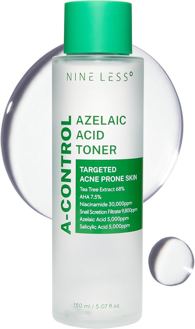 Nineless A-Control Azelaic Acid Toner with AHA & BHA - Pore Refining & Soothing Facial Toner for Acne-Prone Skin - Redness Relief & Dark Spot Corrector, Korean Skincare, 5.07 fl.oz