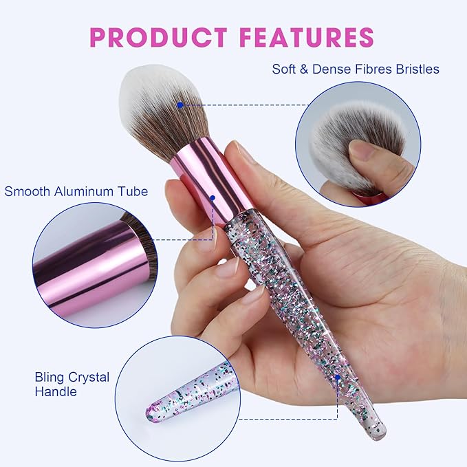6-Piece Makeup Brush Set with 2 Beauty Sponges & Bling Crystal Handle - Daily Essential Cosmetic Brushes Kit for Professional Foundation, Concealer, Eyeshadow, Powder Blush(Purple)