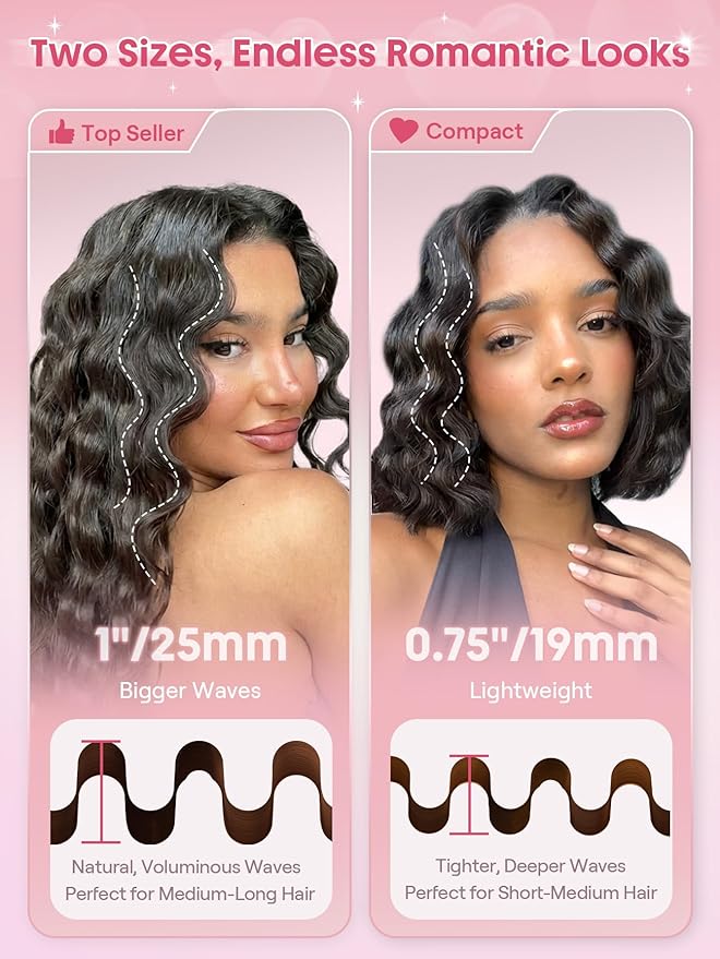 SHEGLAM Pink 1 Inch Hair Waver for Women - Double Barrel Crimper Tool for Mermaid Beach Waves, Lightweight with Smart Timer & Adjustable Temps, Dual Voltage Anti-Scald Easy to Use for Short Hair