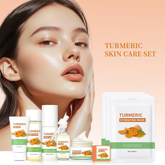 Turmeric Skin Care Set, 9 Pcs Turmeric Skin Care Kit with 3 Sheet Masks, Soap Bar, Face Wash, Toner, Serum, Face Moisturizer Cream, Face Lotion, Reduce Acne, Christmas Gifts for Women Girls