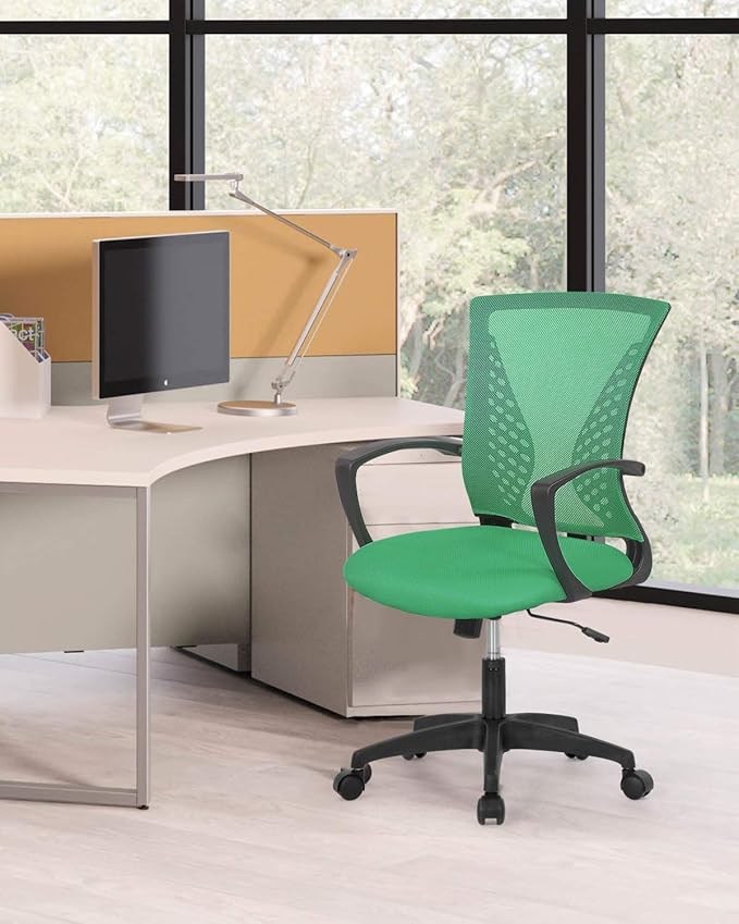Home Office Chair Mid Back PC Swivel Lumbar Support Adjustable Desk Task Computer Ergonomic Comfortable Mesh Chair with Armrest (Green)