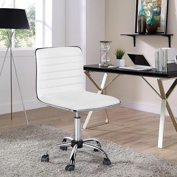 Yaheetech Adjustable Task Chair PU Leather Low Back Ribbed Armless Swivel White Desk Chair Office Chair Wheels
