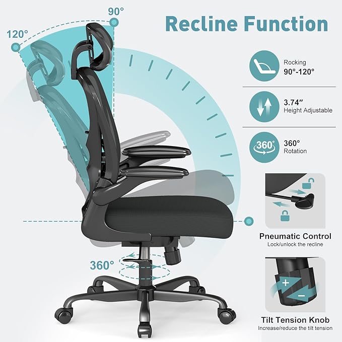 Ergonomic Office Chair with Adjustable Lumbar Support and Headrest, Mesh Home Office Desk Chair with Flip-up Arms and Wheels, Black