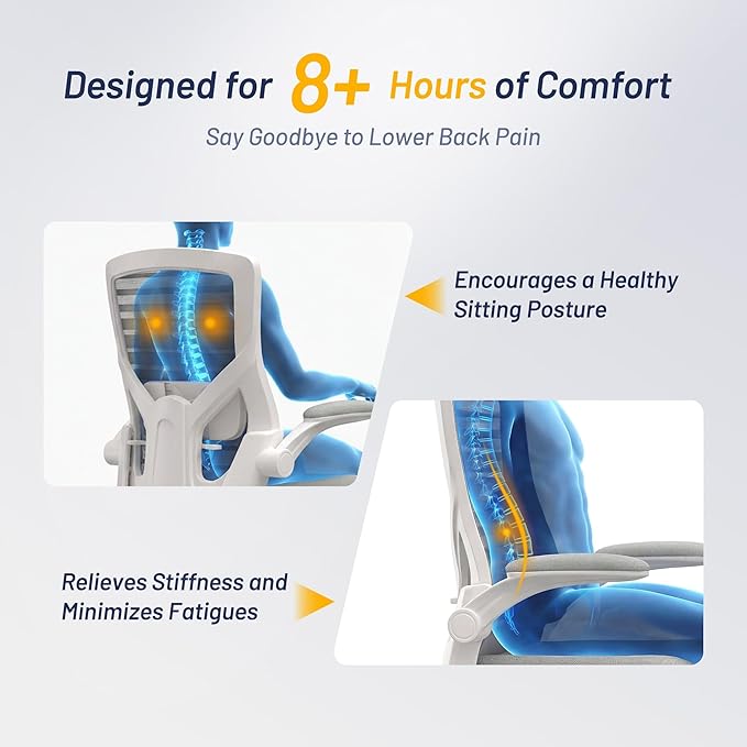 Office Chair for Long Hours & Lower Back Pain Relief – 4" Thick Molded Foam Cushion, Padded Lumbar Support and Flip-up Armrests, Ideal for Office or Study (Modern, Light Gray)