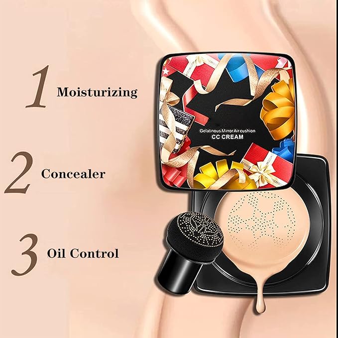 UYI Mushroom Head Air Cushion CC Cream Foundation U.Yi Refreshing Flawless Little Mushroom BB Cream UYI CC Cream Waterproof Oil Control Full Cover Foundation Natural Coverage (22#+23#)