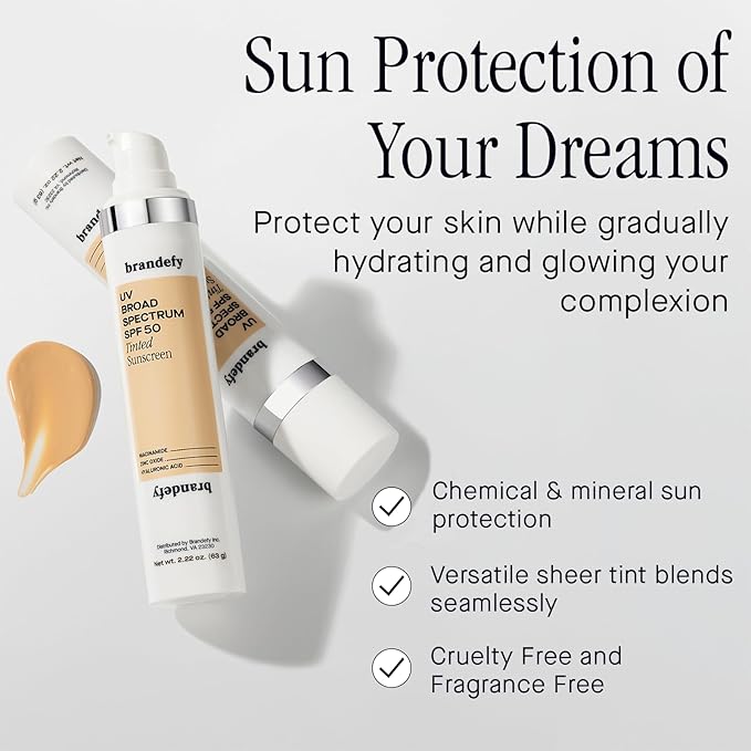Brandefy UV Tinted SPF 50 Face Sunscreen - Hydrating Sheer-Tinted Face Moisturizer, Broad Spectrum with Clear Zinc Oxide, Niacinamide & Hyaluronic acid, Made in The USA (2.22 Oz)