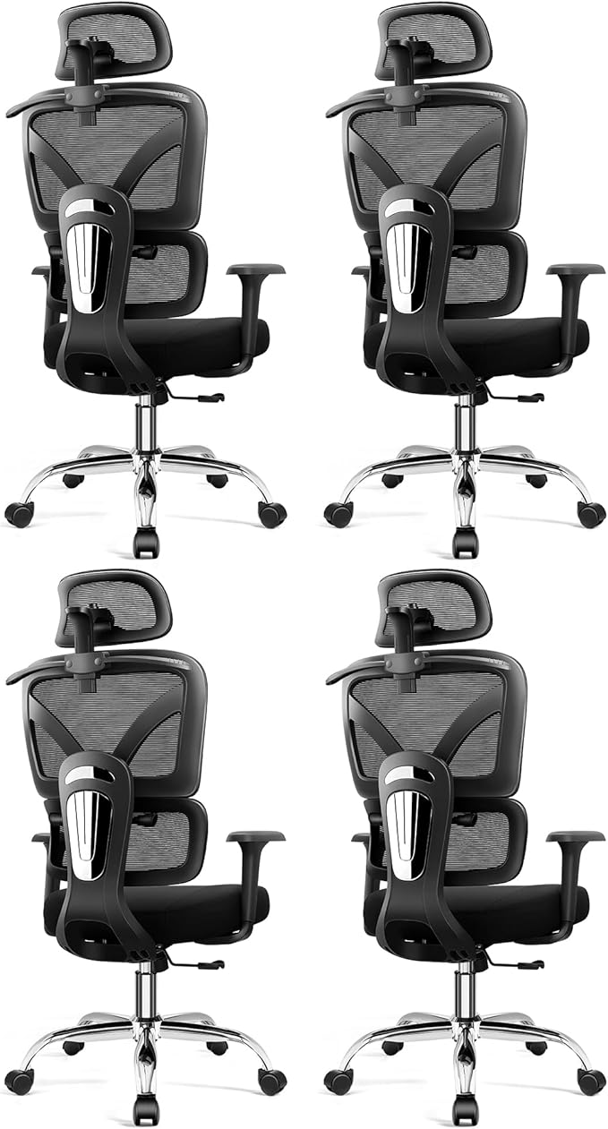 Ergonomic Office Chair, High Back Mesh Desk Chairs Comfy with Adjustable Lumbar Support, Home Computer Gaming Chair with 3D Headrest for Long Hours, 4 Pack