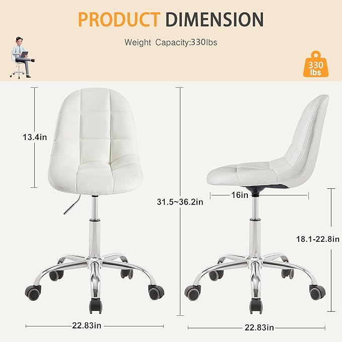 VECELO Stylish Height Adjustable Faux Leather Vanity Chair, Modern Swivel Makeup Chair with Rolling Wheels, Comfortable Padded Task Chair for Bedroom, Dressing Room & Home Office – White