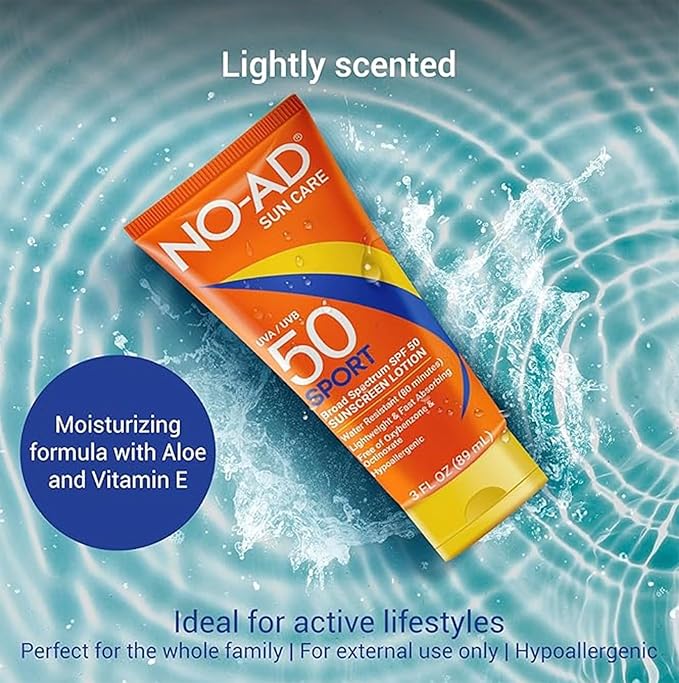NO-AD SPF 50 SPORT Sunscreen Lotion | Hypoallergenic | Broad Spectrum UVA/UVB Protection | Water Resistant | Octinoxate & Oxybenzone Free with moisturizing Vitamin E and Aloe 3oz | Travel size