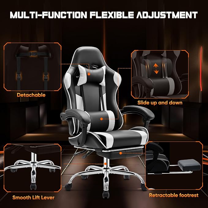 NEWBULIG Computer Gaming Desk Chair - High Back Ergonomic Lumbar Support with Footrest and Headrest, Comfy PU Leather Recliner with Linkage Armrest, Height Adjustable and 360° Swivel, White