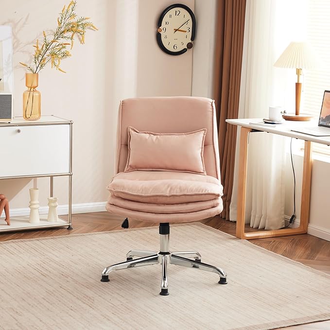 VINGLI Cloud Criss Cross Legged Home Office Desk Chair, 18" High Back Armless, Wide Adjustable Comfy Padded Seat, Modern Swivel Makeup Vanity Chair, Microfiber, Pink