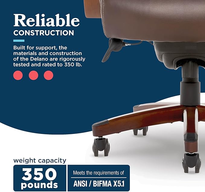 La-Z-Boy Delano Big and Tall Executive Office Chair - Ergonomic Lumbar Support Memory Foam - Bonded Leather Desk Chair for Home Office - Mahogany Wood Arms - Chestnut Brown