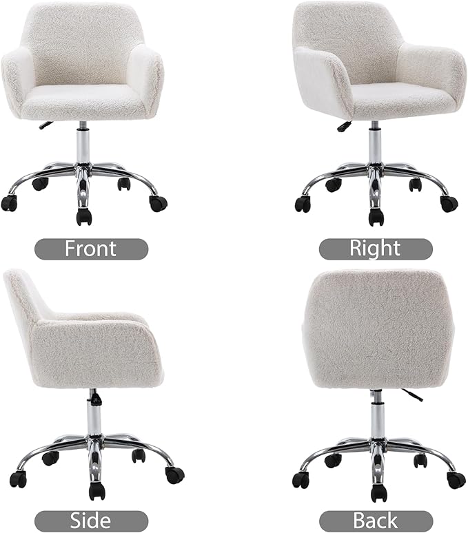 KCC Faux Fur Vanity Makeup Desk Chair, Comfy Fluffy Swivel Modern Leisure Armchair with Wheels, Upholstered Fuzzy Height Adjustable for Teens Women Girls Elegant Home Office