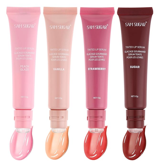 SAM SUGAR 4pcs Lip Balm Hydrating Tinted Lip Gloss Set Moisturizing Lip Butter Balm with Natural Shine Non-Sticky Lip Care for Dry Lips