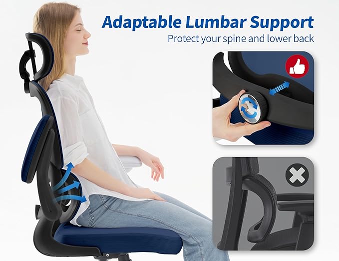 TRALT Ergonomic Office Chair - Desk Chair with Adjustable Headrest Lumbar Support Computer Chair - Mesh Comfy Chair with Flip-up Armrests - Gaming Chairs for Adults Home Office (Leather, Navy Blue)