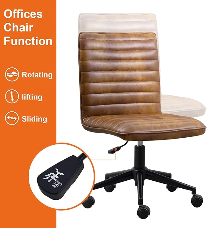 Furniliving Leather Office Chair with Wheels Armless Vanity Desk Chair 360° Swivel Computer Rolling Chair with Mid Back, Height Adjustable Accent Chairs with Gold Metal Base Stool, PU YellowBrown