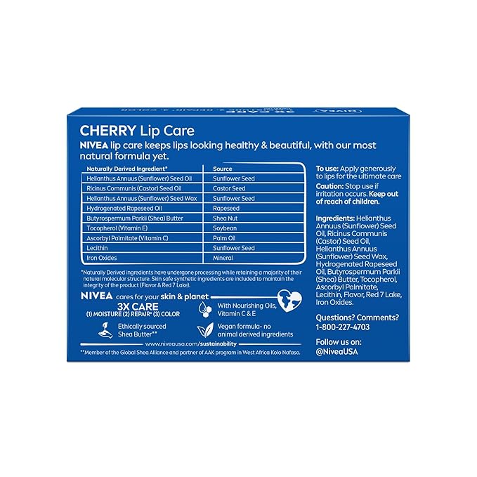 NIVEA Cherry Lip Care,Ruby Tinted Lip Balm Pack with Shea Butter,Nourishing Oils and Vitamin C & E,3-in-1 Moisture,Repair and Color,0.17 Oz Stick,(Pack of 8)