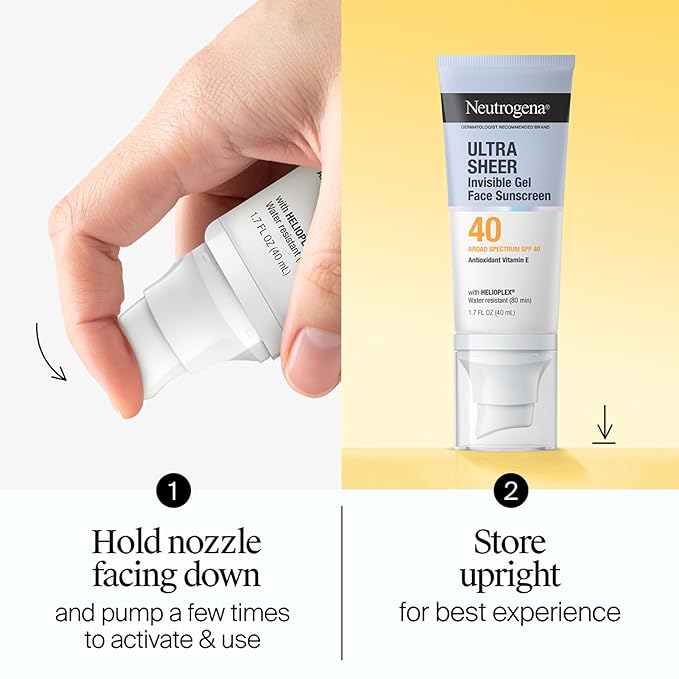 Neutrogena Ultra Sheer Invisible Gel Face Sunscreen SPF 40, Facial Sunscreen & Moisturizer, Vitamin E, Matte Finish, Makeup Primer, Travel Size, 80 Minutes Water-Resistant, 1.7 oz