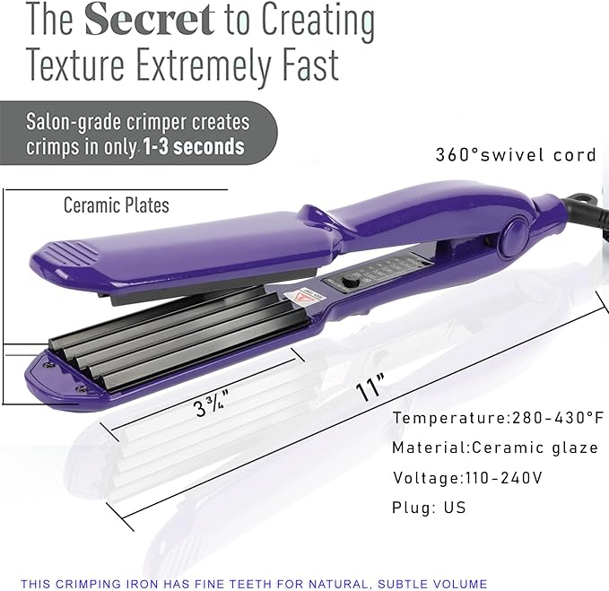 MBHAIR Ceramic Crimper Iron for Volumizing Fluffy Hairstyle, Corrugation Crimper Hair Iron, Anti Static Ceramic Hair Crimping Iron Adjust Temperature (Purple)