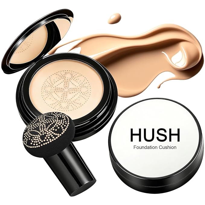 Hush Foundation for Mature Skin，Warm Tone CC Air Cushion Foundation，Moisturizing & Skin-Care Air Cushion Foundation，Luvie Glow Foundation Full Coverage Long-Lasting BB Cream with Mushroom Applicator