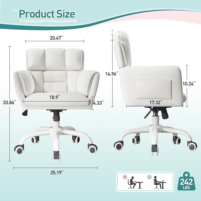 Home Office Chair with Wheels Soft-Touch Material,Modern Cute Vanity Chair with Back Adjustable Height Upholstered Comfy Desk Chairs with Side Pockets for Bedroom,White