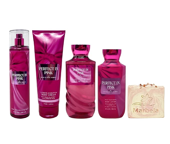 Bath & Body Works Perfect In Pink Deluxe Gift Set - Fragrance Mist - Body Cream - Body Wash and Body Lotion - with a Himalayan Salts Springs Bar Soap - Full Size