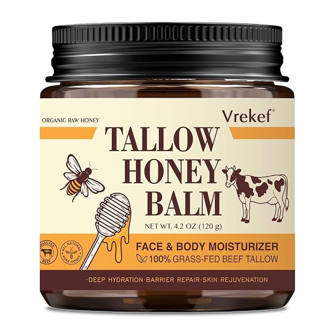 Beef Tallow for Skin (4.2 oz)– Tallow and Honey Balm for Face & Body – Grass-Fed Tallow with Beeswax, Sea Buckthorn Oil, Shea Butter, Vitamin E – Natural Moisturizer