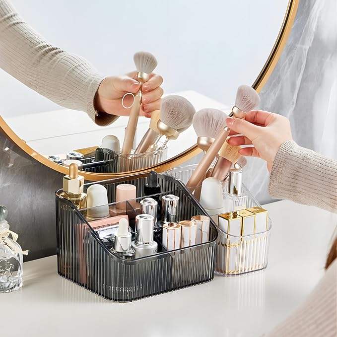 Black Makeup Organizer, Makeup Brush Holder 8 Cups for Vanity, Bathroom Countertop Organizer, Dresser Organizer for Cosmetic Display, Skincare Cups, Perfume Stand, Toiletry