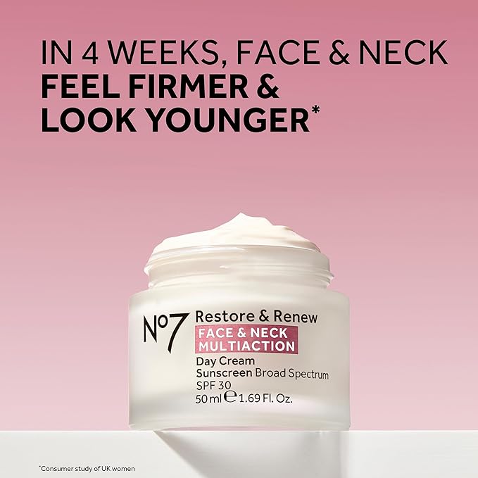 No7 Restore & Renew Multi Action Face & Neck SPF 30 Day Cream - Firming & Hydrating Face Moisturizer with Hyaluronic Acid to Help Reduce the Appearance of Wrinkles - Fragrance-Free (1.69 Fl Oz)