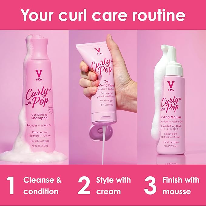 V&Co. Curly Pop Curl Defining Shampoo – Sulfate Free & Paraben Free Moisturizing Hair Care with Peptides, Amino Acids & Jojoba Oil for Hydration, Frizz Control & Healthy Curls – 12 fl oz
