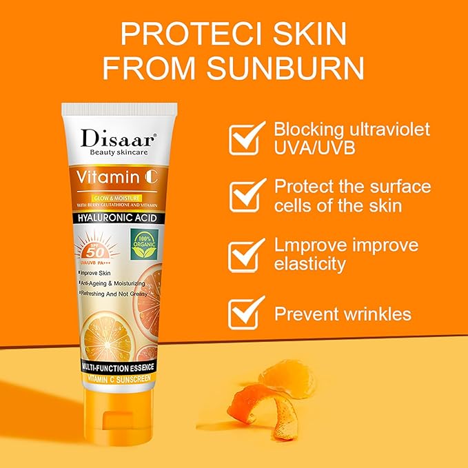DISAAR BEAUTY Vitamin C Sunscreen Orange Extract Hyaluronic Acid SPF50 UVA/UVB PA+++ Moisturizing Refreshing Skin 50g / 1.69fl.oz