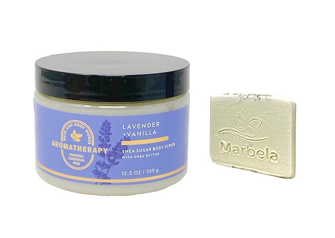 Bath & Body Works Aromatherapy Sleep Lavender + Vanilla Body Scrub with a Natural Oats Sample Soap.