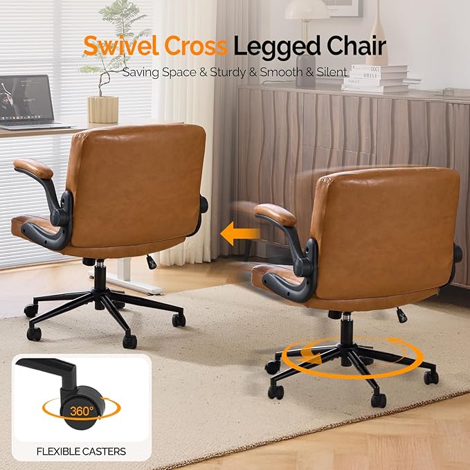 VINGLI Criss Cross Chair with Adjustable Flip-Up Arms,Cross Legged Chair with Wheels, Extra Wide Office Chair,Comfortable Desk Chair for Home Office, Vanity, Bedroom,PU Leather,Clay