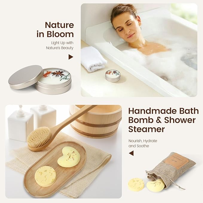 Bath Gift Set, Spa Gifts for Women, Self Care Products for Women, Jasmine & Lemon Soap Bar, Calm Pillow Mist, Bath Bomb & Shower Steamer, Body Butter and Lip Balm