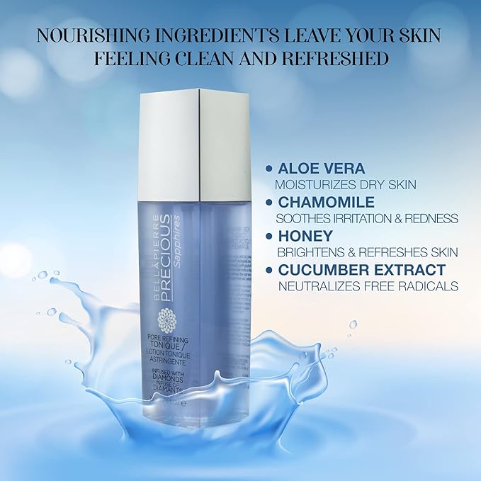 Bellapierre Precious Sapphires Diamond-Infused Pore Refining Tonique | All Natural Toner Gently Removes Makeup & Residue | Chamomile, Honey, & Cucumber Extracts for Soothing Refreshment - 150ml