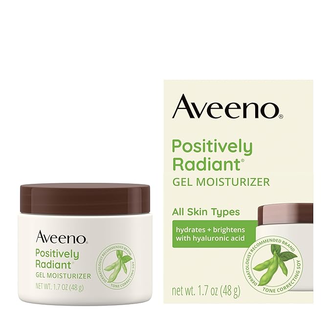 Aveeno Positively Radiant Brightening Gel Facial Moisturizer with Hyaluronic Acid & Tone-Correcting Soy, Hydrates for 48 Hours to Even Skin Tone & Texture, 1.7 oz