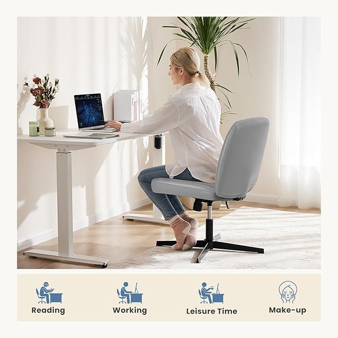 DUMOS Desk Chair No Wheels, Criss Cross Chair Wide Cross Legged Office Desk Vanity Chair, PU Leather Armless Adjustable Swivel Chairs for Home Computer Task,Grey-pu