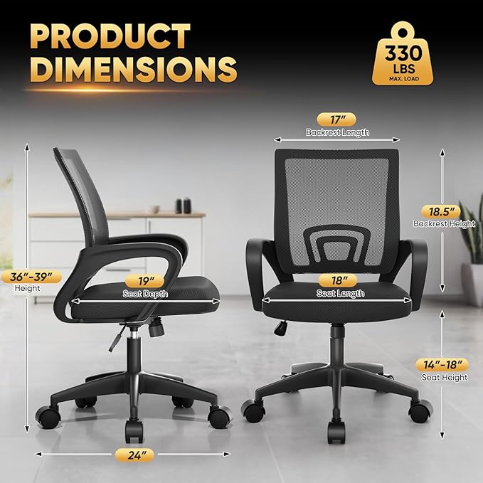 Magshion Ergonomic Office Chair Pack of 2, Mid-Back Mesh Desk Chair, Adjustable Swivel Computer Chair with Lumbar Support & Breathable Backrest for Gaming, Work, Study, 300 Lbs Capacity, Black