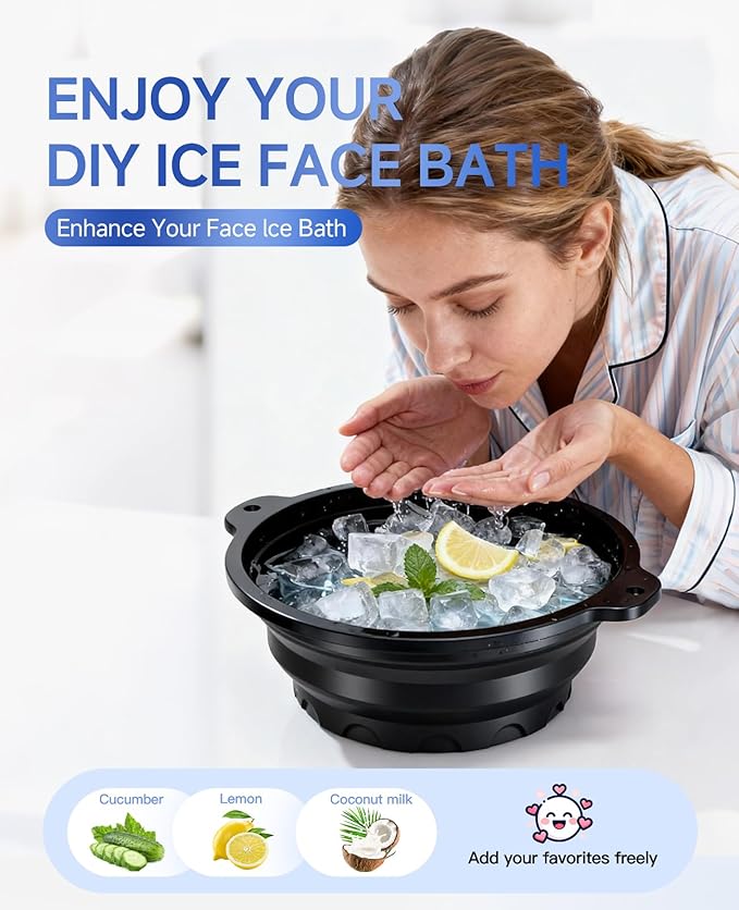 Face Bowl for Ice with Built-in Ice Tray – Collapsible Silicone Facial Ice Bath Bowl for Cold Plunge Therapy, Skin Tightening & Acne Relief – Portable Spa Tool for Home & Travel(Black)