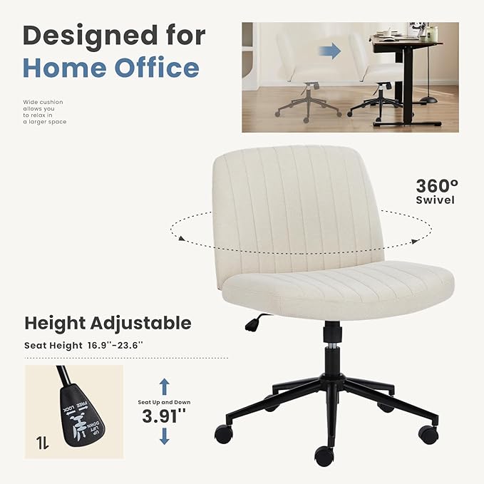 DUMOS Criss Cross Chair with Wheels, Wide Cross Legged Office Desk Vanity Chairs, Fabric Armless Adjustable Swivel Chairs for Home Computer Task, Beige