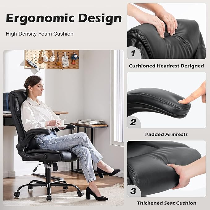 DUMOS Office Chair Set of 2 - Ergonomic Executive Computer Desk Chairs with Adjustable Flip-up Armrest, Swivel Task Chair with Lumbar Support, Strong Metal Base, PU Leather, Black